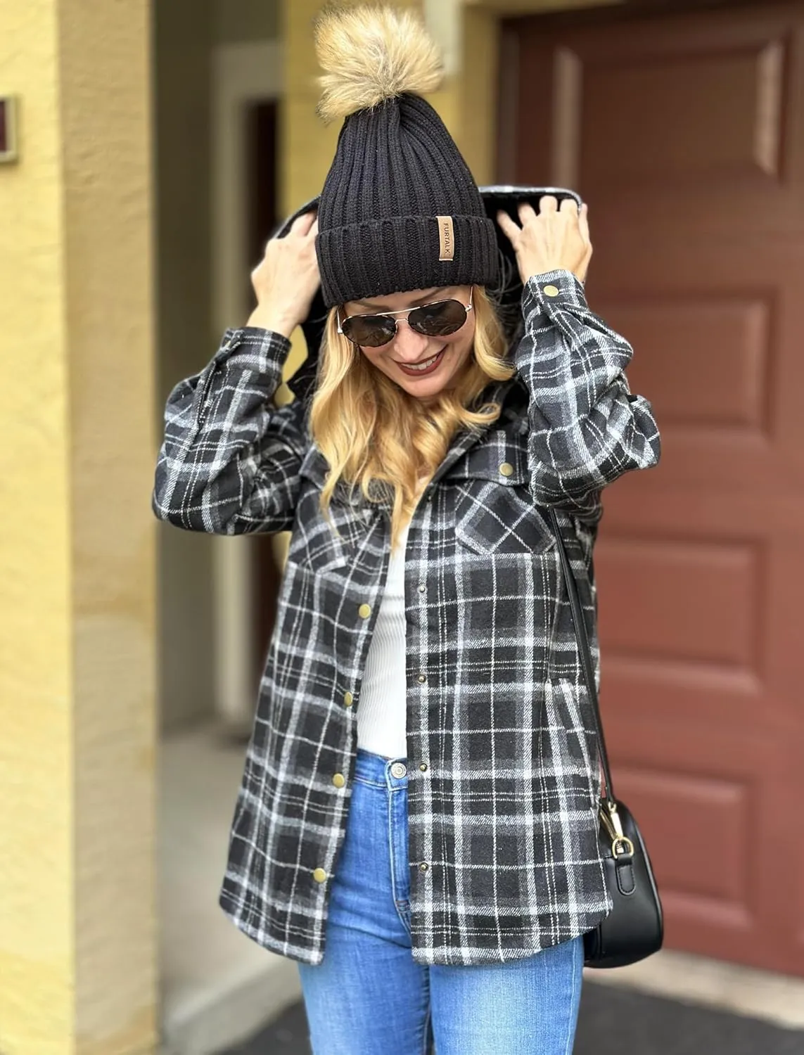 Zeagoo Womens Plaid Shacket Jacket Long Sleeve Button Down Fleece Hooded Jackets Warm Coat