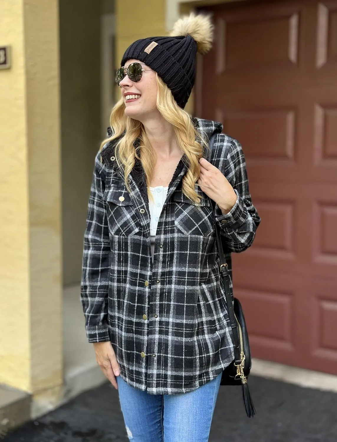 Zeagoo Womens Plaid Shacket Jacket Long Sleeve Button Down Fleece Hooded Jackets Warm Coat