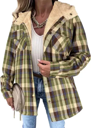 Zeagoo Womens Plaid Shacket Jacket Long Sleeve Button Down Fleece Hooded Jackets Warm Coat
