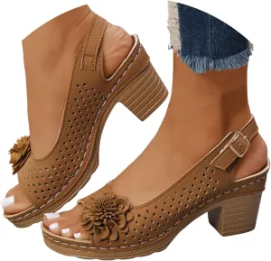 ZSpzx Womens Open Toe Chunky Heel Ankle Strap Shoes Block Mid Hollow Out Slingback Sandals Comfort Dressy Fish Mouth Heels Straps Flowers Comfortable Sandal Summer Low Adjustable Walking Sandals