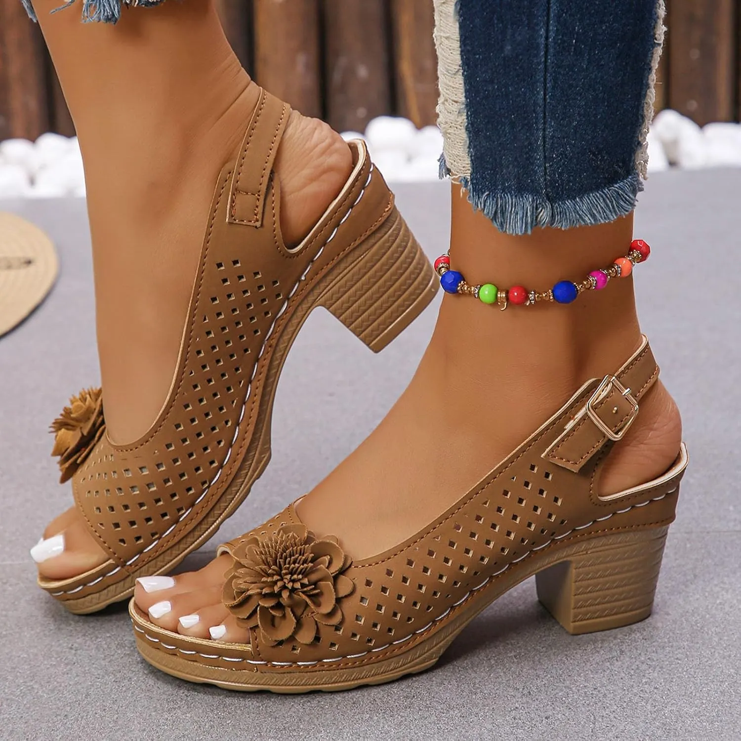 ZSpzx Womens Open Toe Chunky Heel Ankle Strap Shoes Block Mid Hollow Out Slingback Sandals Comfort Dressy Fish Mouth Heels Straps Flowers Comfortable Sandal Summer Low Adjustable Walking Sandals