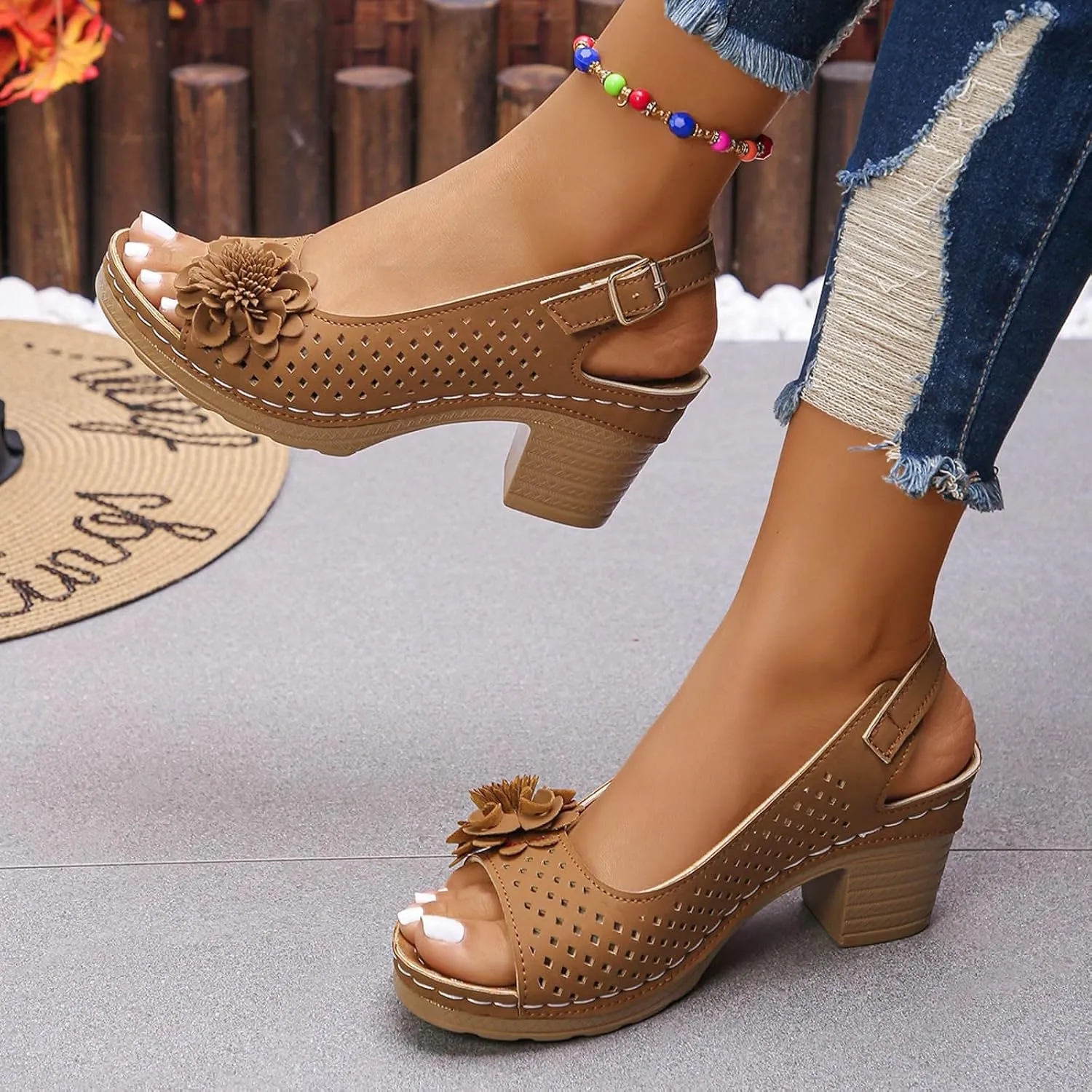 ZSpzx Womens Open Toe Chunky Heel Ankle Strap Shoes Block Mid Hollow Out Slingback Sandals Comfort Dressy Fish Mouth Heels Straps Flowers Comfortable Sandal Summer Low Adjustable Walking Sandals