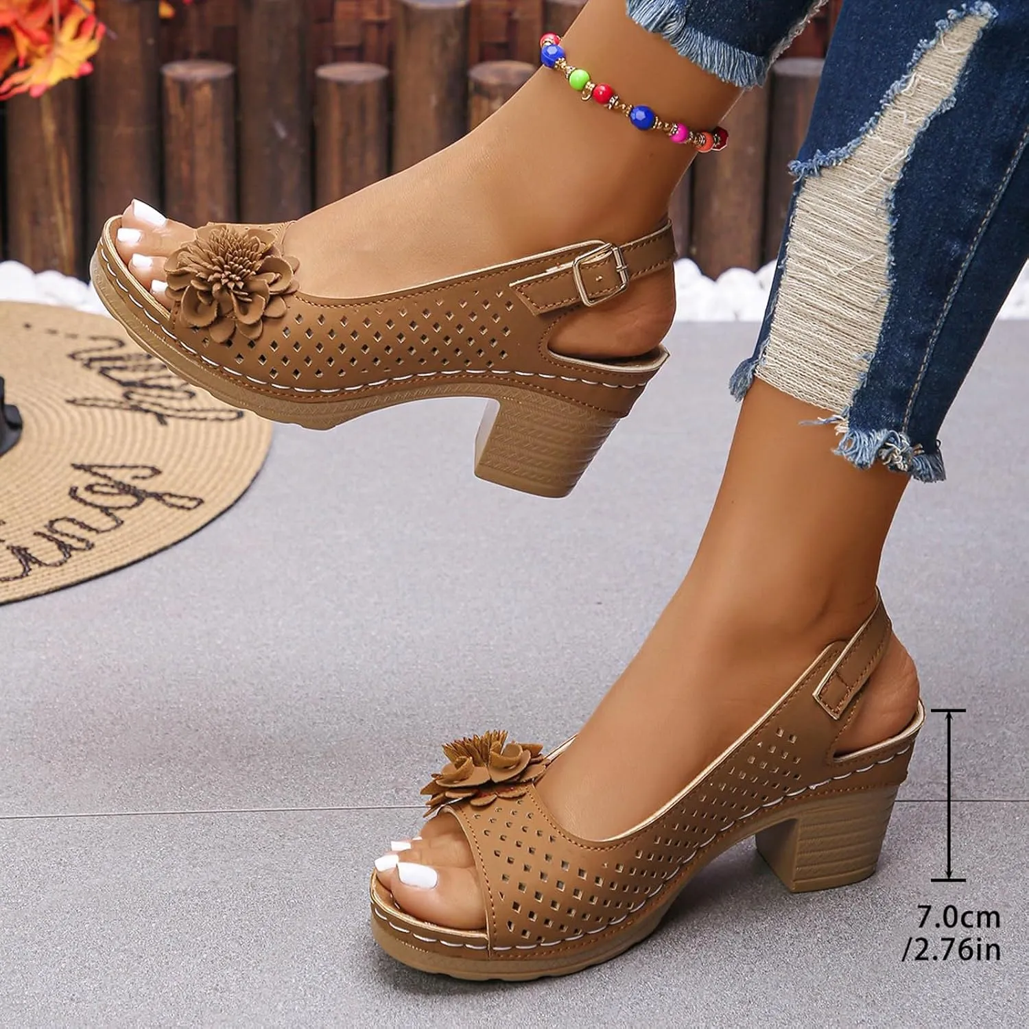 ZSpzx Womens Open Toe Chunky Heel Ankle Strap Shoes Block Mid Hollow Out Slingback Sandals Comfort Dressy Fish Mouth Heels Straps Flowers Comfortable Sandal Summer Low Adjustable Walking Sandals
