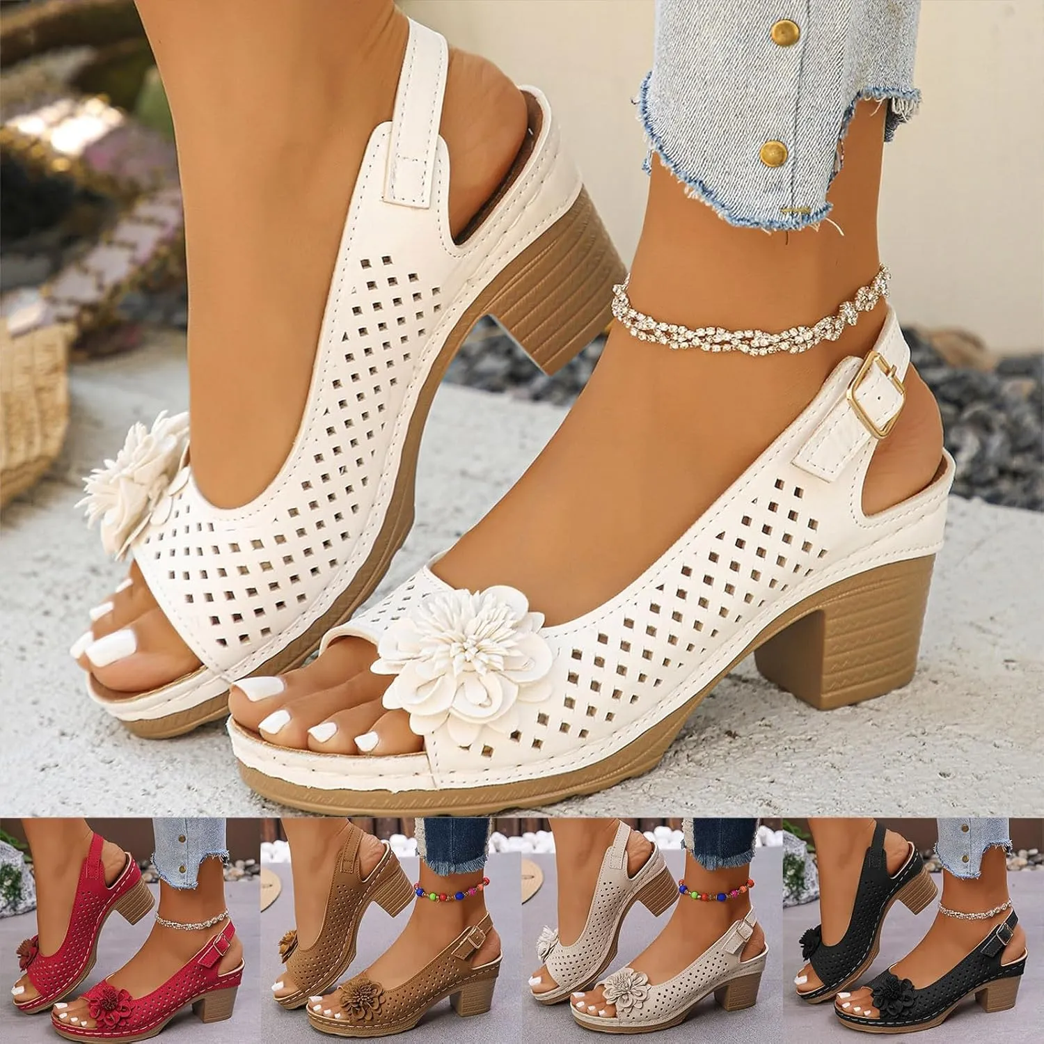 ZSpzx Womens Open Toe Chunky Heel Ankle Strap Shoes Block Mid Hollow Out Slingback Sandals Comfort Dressy Fish Mouth Heels Straps Flowers Comfortable Sandal Summer Low Adjustable Walking Sandals