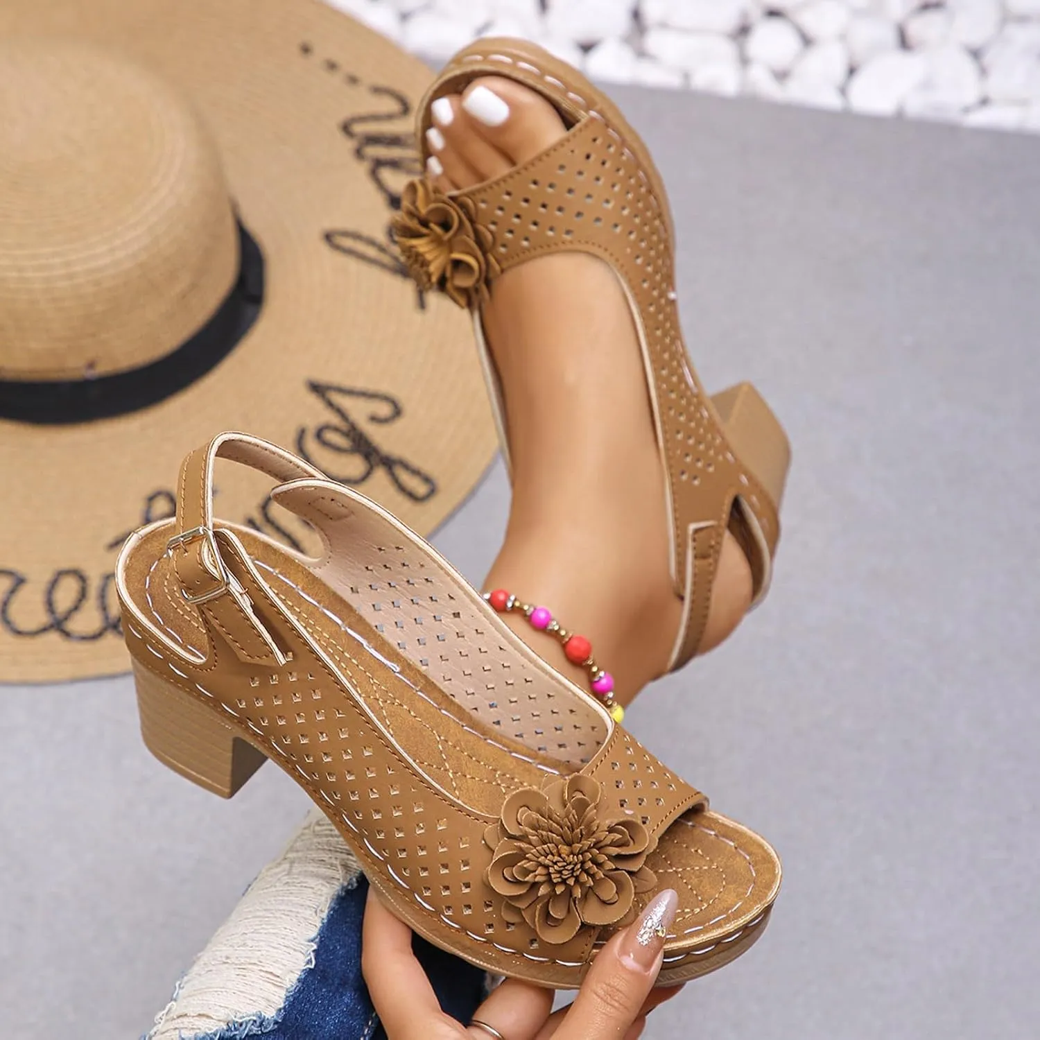 ZSpzx Womens Open Toe Chunky Heel Ankle Strap Shoes Block Mid Hollow Out Slingback Sandals Comfort Dressy Fish Mouth Heels Straps Flowers Comfortable Sandal Summer Low Adjustable Walking Sandals