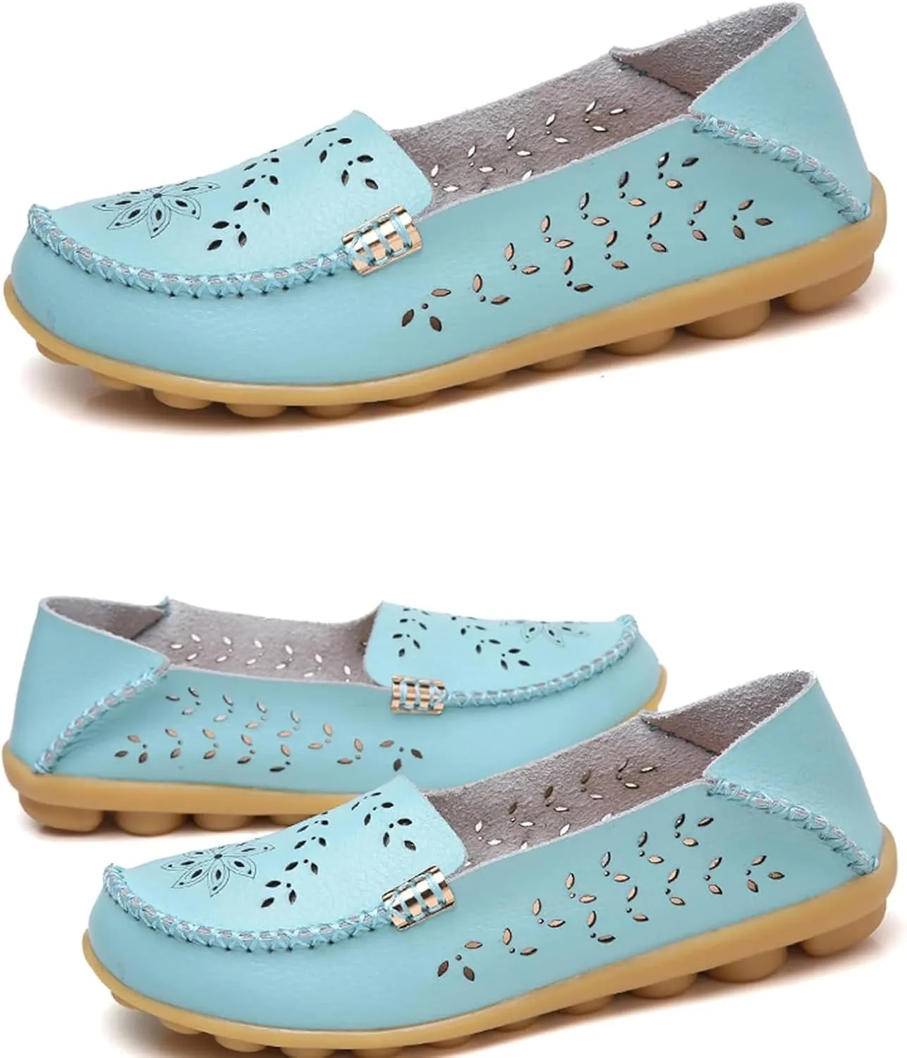 ZWRXW Leather Flats for Women Bohemian Hollow Out Comfort Walking Boat Shoe Summer Dressy Comfortable Breathable Flats Shoes Backless Round Toe Slip On Casual Sneakers Soft Nursing Work Shoes